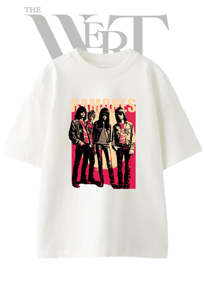 THEWERT Ramones Design Printed Unisex White Oversize T-Shirt