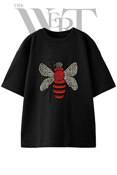 THEWERT Red Bee Design Printed Unisex Black Oversize T-Shirt