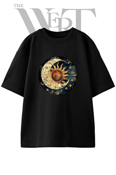 THEWERT Sun Moon_2 Design Printed Unisex Black Oversize T-Shirt
