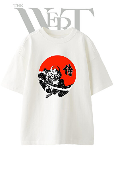 THEWERT Japanese Samurai Design Printed Unisex White Oversize T-Shirt