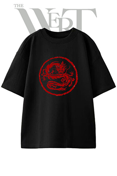 THEWERT Cin Dragon Design Printed Unisex Black Oversize T-Shirt