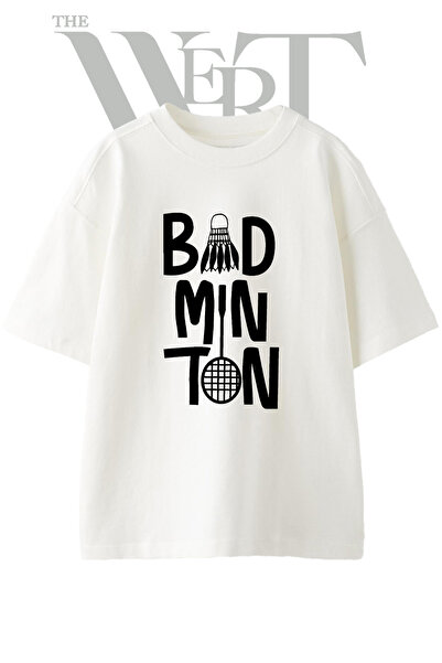 THEWERT Badminton Racket Shuttlecock Design Printed Unisex White Oversize T-S...