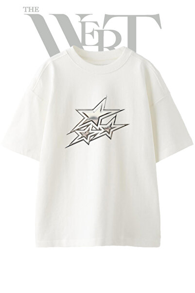 THEWERT Μπλουζάκι Chrome Stars με στάμπα σε σχέδιο Unisex, λευκό, oversized