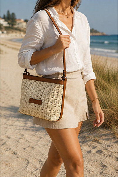 Moda Lime Cream Tan Women's Straw Shoulder Bag with Adjustable Strap and Zipp...