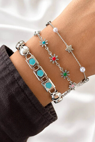 Kokoş Silver Color Chain Detailed 3-Piece Bracelet Set