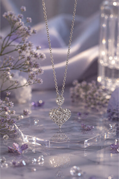 Sylvera Shop Heart Sparkle Stone Steel Necklace (Silver Color)