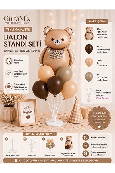Papyonlu Ayıcık Figürlü Ayaklı Balon Standı Seti | Retro Ayı ve 6 Adet Konsept Uyumlu Balon Set Doğum Oda Süsleme, Yaş Günü, Baby Shower