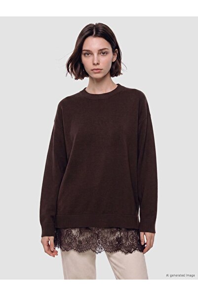 LC Waikiki Lcw Modest Brown Crew Neck Lace Detailed Women's Knitwear Tunic
