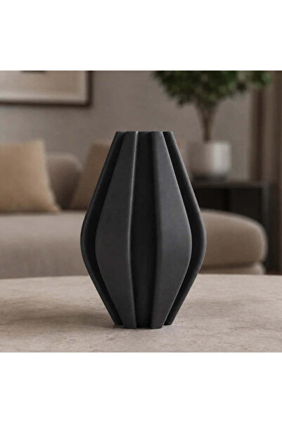 OEM Vaza decorativa negru mat, 20 cm, cu nervuri verticale, ideala pentru flo...