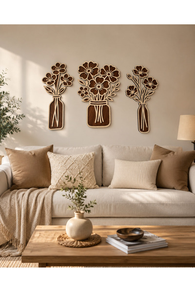 3’lü Vazoda Çiçek Figürlü Ahşap Duvar Dekoru Seti – Çift Katmanlı MDF, Her Biri 25 × 40 cm