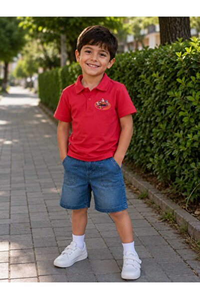 Hafez Kids Boys' Polo Collar Character Printed T-Shirt 4-Pocket Denim Shorts ...