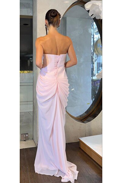 SpringStore Pudra Straplez Yırtmaç Detaylı Şifon Abiye