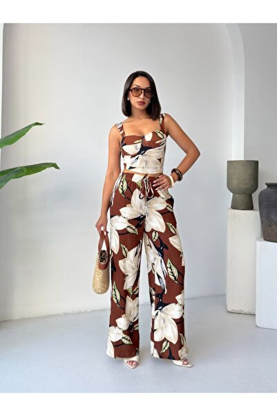 Defne Moda Monaco Desenli Crop Bluz Palazzo Pantolon Takımı