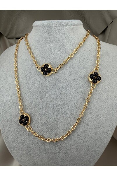 ZS Aksesuar Women's Gold Color Black Clover Detailed Chain Necklace Stylish M...
