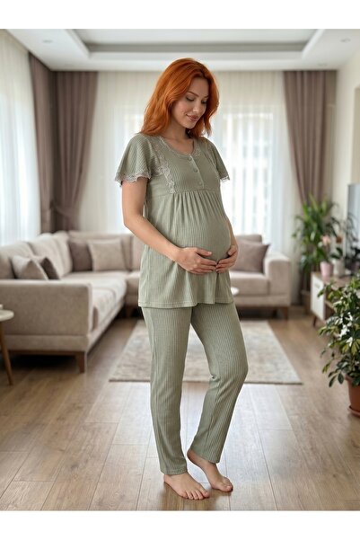 Lohussa New Season Green Summer Lace Detailed Design Short Sleeve Maternity P...