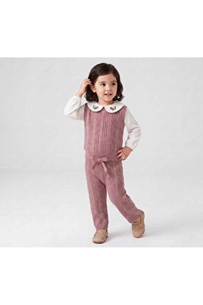 LİLİYUM Girl's Knitwear Vest and Trousers Set with Cherry Collar Shirt, 3-Pie...