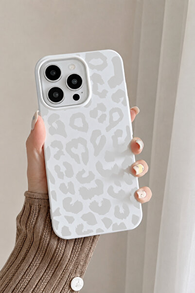 OVADA İphone 15 Pro Max Uyumlu Beyaz Leopar Desenli Kadife Silikon Telefon Kı...