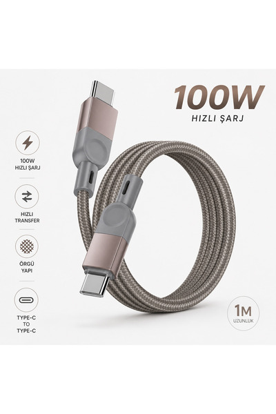 Alan Tech 100W PD Type-C to Type-C Hızlı Şarj Kablosu 1M Mıknatıslı Örgülü US...