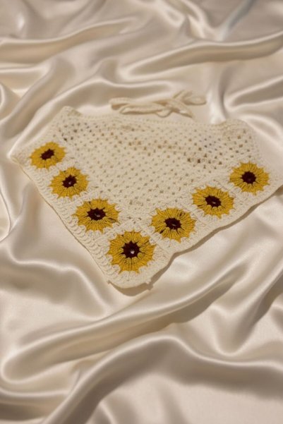 BHR AKSESUAR Yellow Floral Motif Tie-Up Bandana, Knitted Summer Hair Bandana for Beach Daily Use
