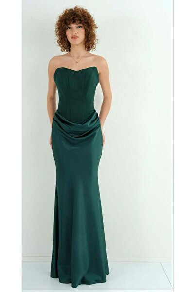 Hazel Women's Emerald Green Strapless Draped Waist Fishtail Long Satin Evenin...
