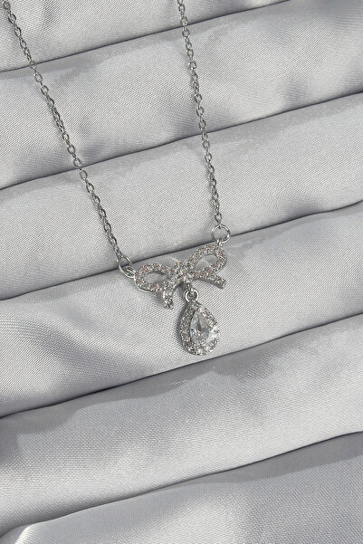 Mega Bazaar 316L Steel Silver Color Zircon Stone Bow Detail Drop Necklace