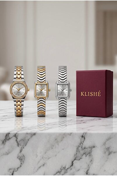 KLISHE طقم ساعات نسائية من الفولاذ مكون من 3 قطع باللون الذهبي والفضي، ساعة ن...