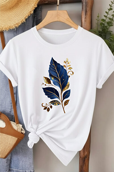 l'eivor Navy Blue Leaf Special Design Printed Cotton Women's T-Shirt