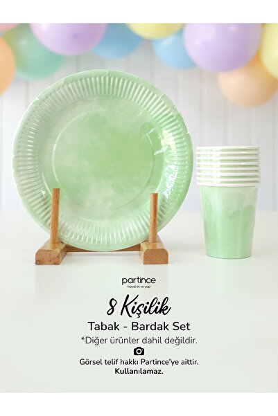 partince 8 Kişilik Makaron Mint Renkli Kullan At Karton Tabak Bardak Parti Seti