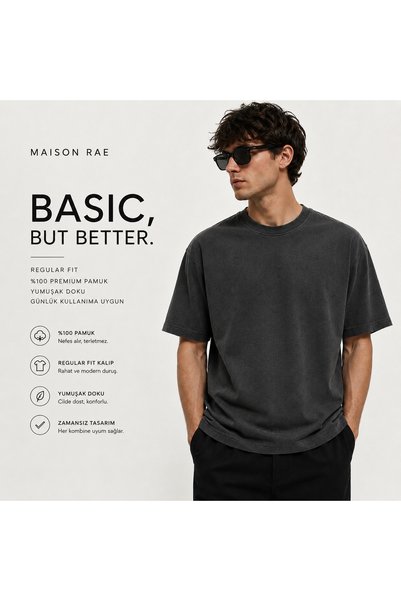 Maison Rae Men's T-Shirt Anthracite Regular Fit Crew Neck Cotton 30/1 Single ...