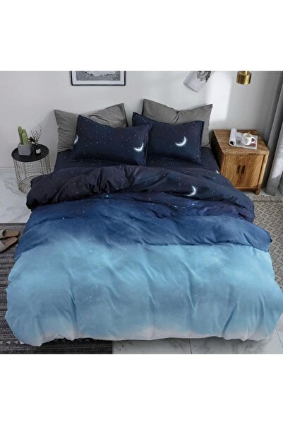 decorami Lenjerie pat dublu cu Elastic, bumbac satinat, albastru, stelute