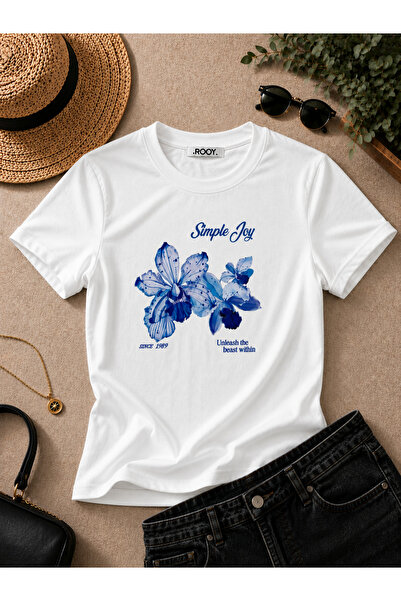 RooY Tekstil Kadın Çiçek Baskılı Likralı Kısa kol Body Tee Crop Tişört