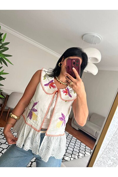 modadagiyim Women's Baby Collar Tie-Up Embroidered Lace Lined Linen Very Styl...