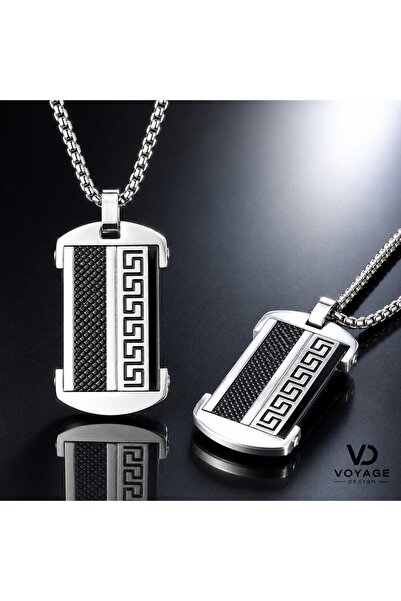 voyageaccessory Stainless Steel Greek Pattern Men's Necklace Black Silver Col...