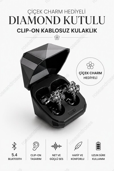 RoseandRoses Çiçek Charm Hediyeli Diamond Kutulu Clip-On Kablosuz Kulaklık (S...