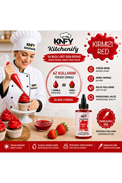 Kitchenify Su Bazlı Likit Gıda Boyası Kırmızı 60 g - Konsantre Pasta, Kek, Kurabiye, Krema, Şeker Hamuru İçin