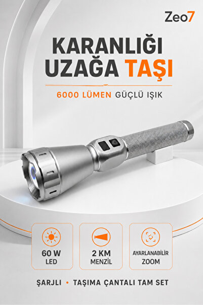 Zeo7 60W 6000 Lümen, 2 KM Menzilli Zoomlu Şarjlı El Feneri, 9000 mAh Pil, 3 M...