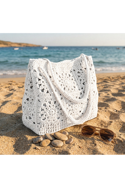 Verda Desing Boho Stil El Örgüsü Kağıt İp Beyaz Omuz Çantası - Yazlık Tasarım...