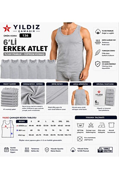 Yıldız Çamaşır Men's Single Jersey Tank Top (00-135-136) - 6 Pieces