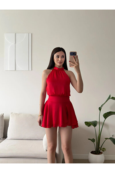 Zoom Butik Volanlı Halter Yaka Mini Elbise - KIRMIZI