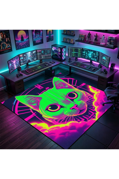 SionFabric Yıkanabilir Neon Kedi Tasarımlı Kaymaz Tabanlı Dekoratif Gamer Hal...