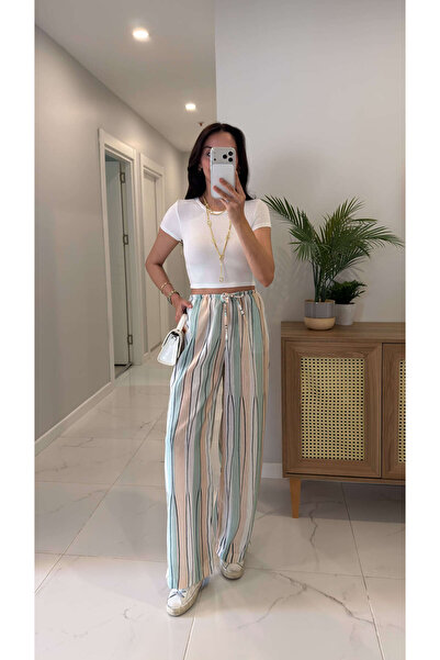 BİRCANÇİL Marea Ecru Mint Striped Trousers