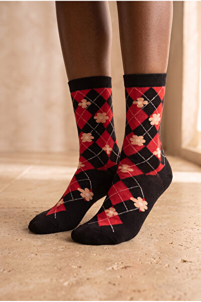 Katia&Bony Women's Floral Patterned Plaid Socks Black