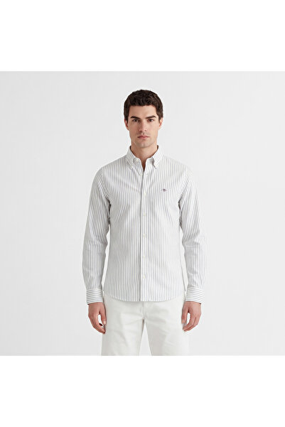 Gant Erkek Beyaz Slim Fit Çizgili Logolu Gömlek