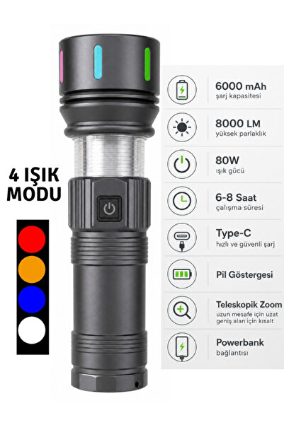 Gold-Police GP-284 Şarjlı El Feneri 8000 Lümen 80W Renkli Işıklı