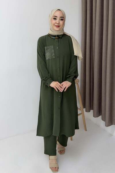 Raneel Kazançlı Alışveriş Women's Pocketed Mini Stone Casual Two-Piece Set Green