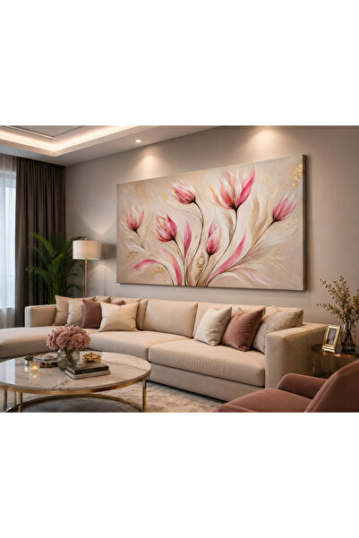 EvimeTablo Pembe Çiçek Kanvas Tablo – Modern Floral Yatay Duvar Tablosu – Sal...