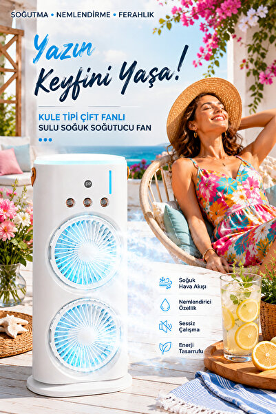Zineets ŞARJLI Büyük Boy Sulu Buharlı Çiftli Fan Vantilatör Masaüstü Taşınabi...