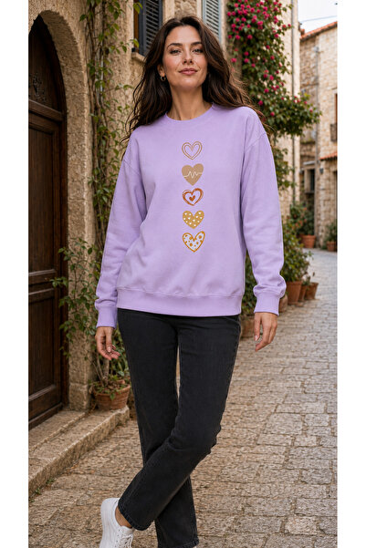 TREND EMMODA Women's Vertical 5 Heart Printed Round Crew Neck Casual Basic Sw...
