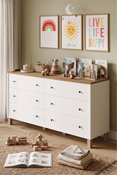 Robin Home Lena Bebek Çocuk Odası Geniş Şifonyer 6 Çekmeceli Ahşap Ayaklı Sep...