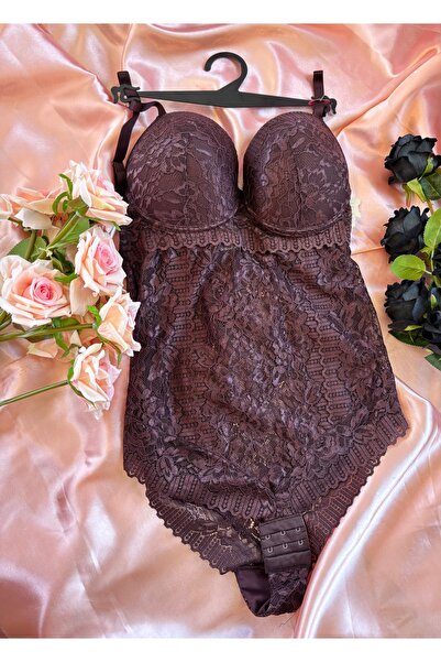 Kahverengi Dantelli Bodysuit